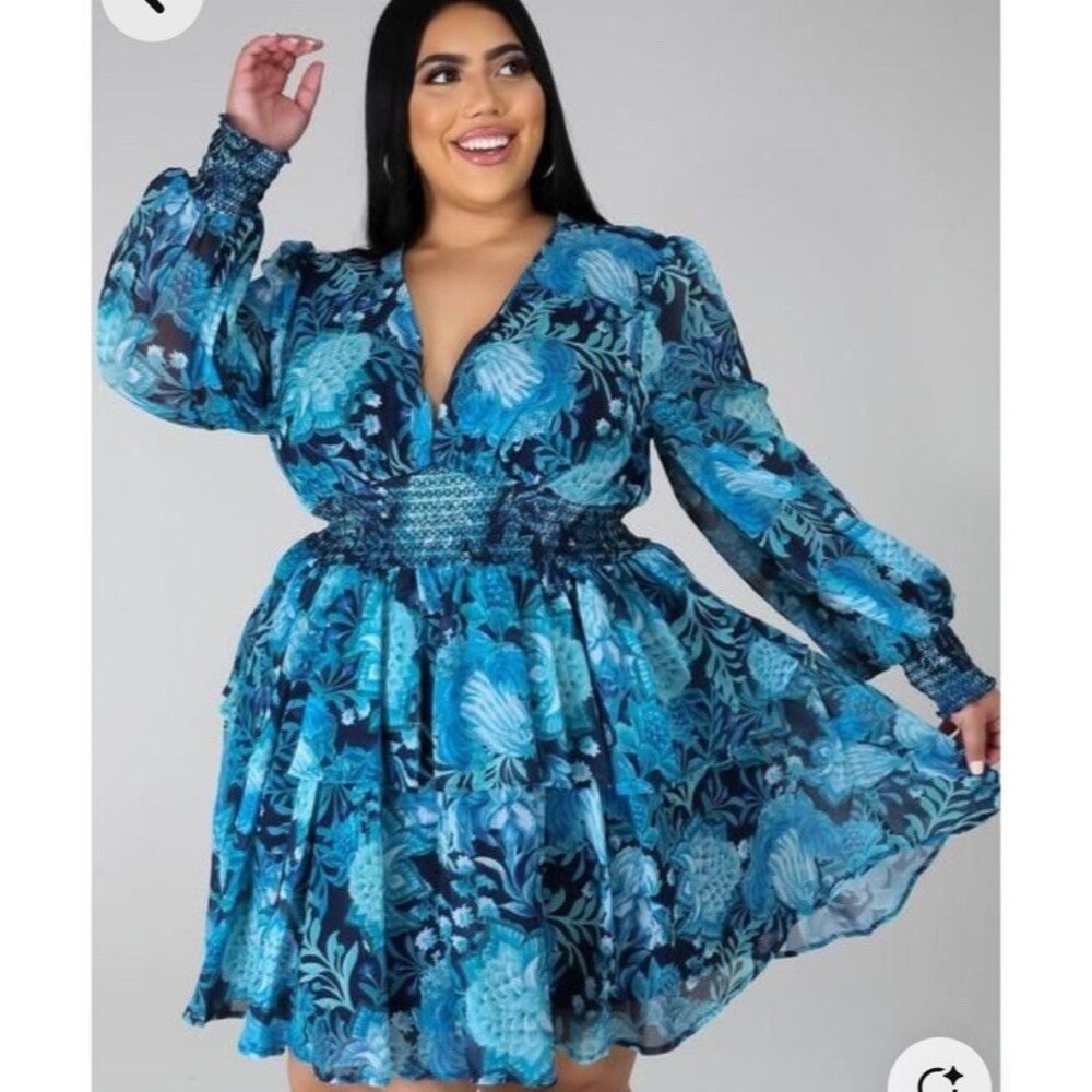 L'Atiste by Amy Layered Ruffle Tiered Dress Blue Floral Women's 1X Sheer Sleeves
